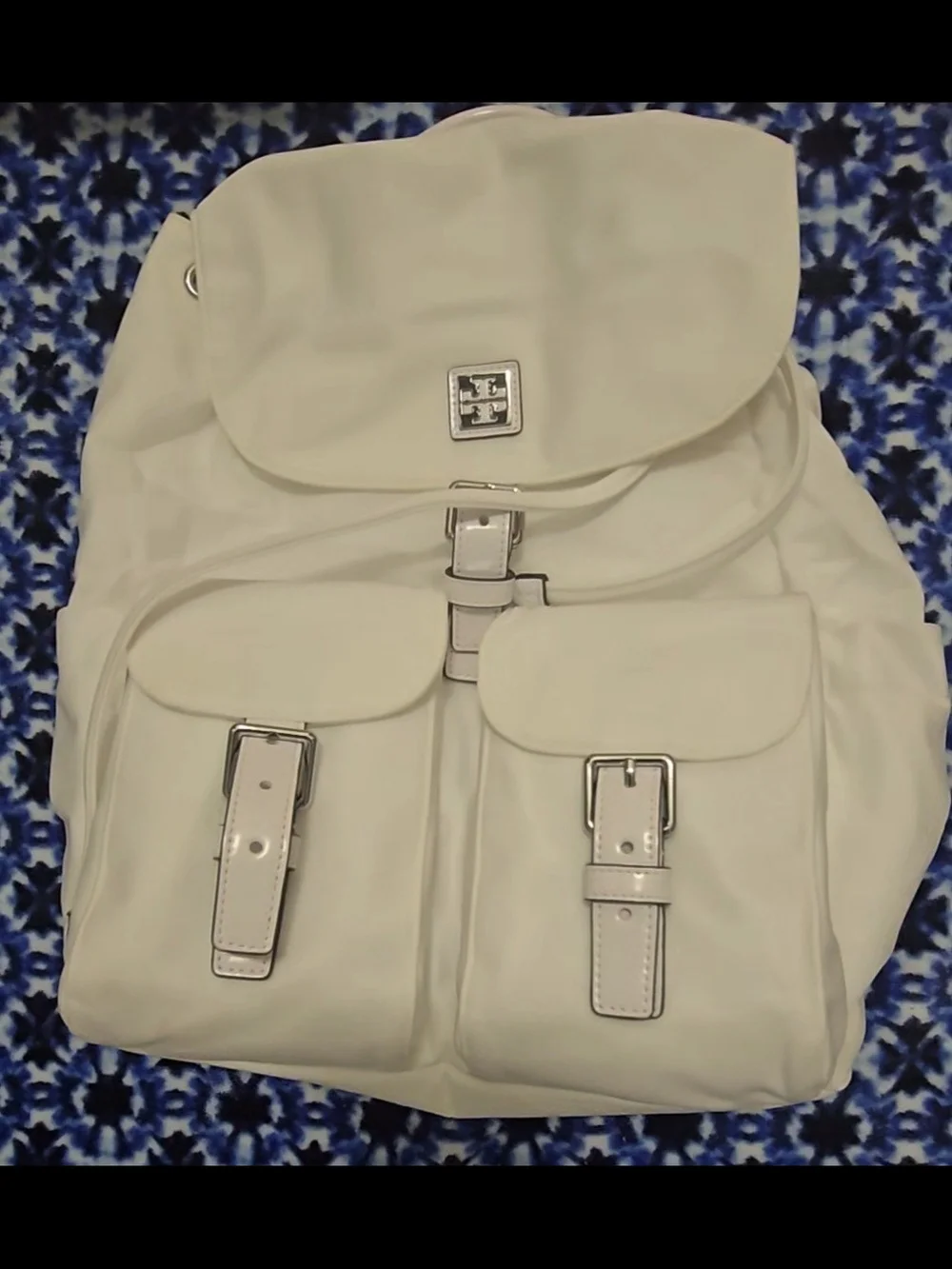 Tory Burch White Leather Buckle Front Pocket Backpack